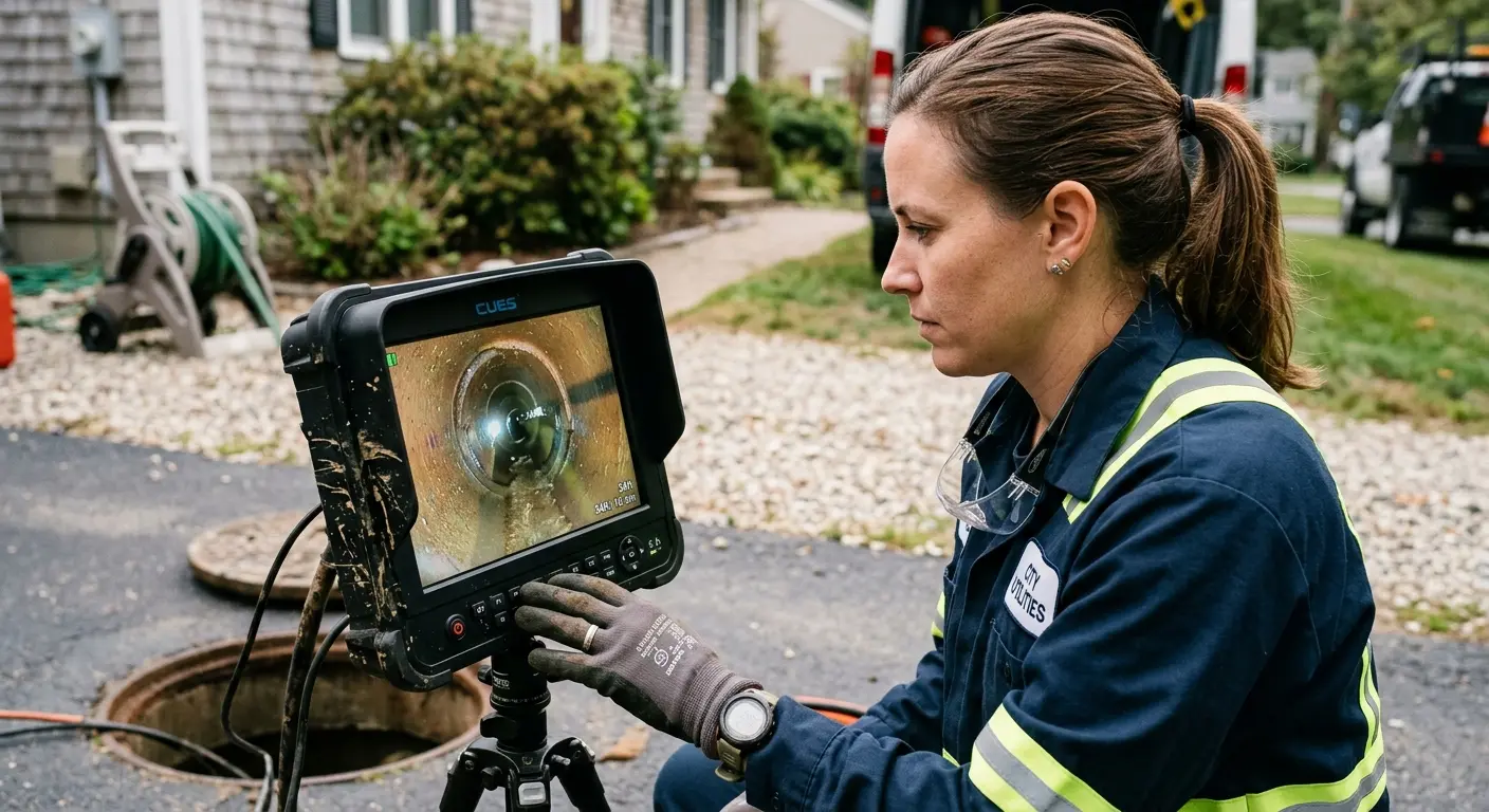 Technician reviewing sewer camera inspection footage in West Lampeter