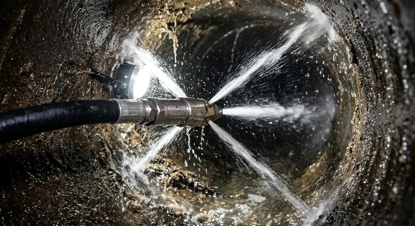 High-pressure hydro jetting nozzle cleaning sewer pipe for Trenchless Sewer Repair in West Lampeter