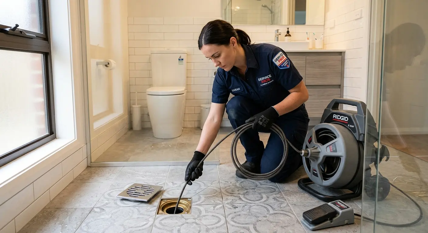 Technician clearing a bathroom floor drain for Drain Cleaning in West Lampeter